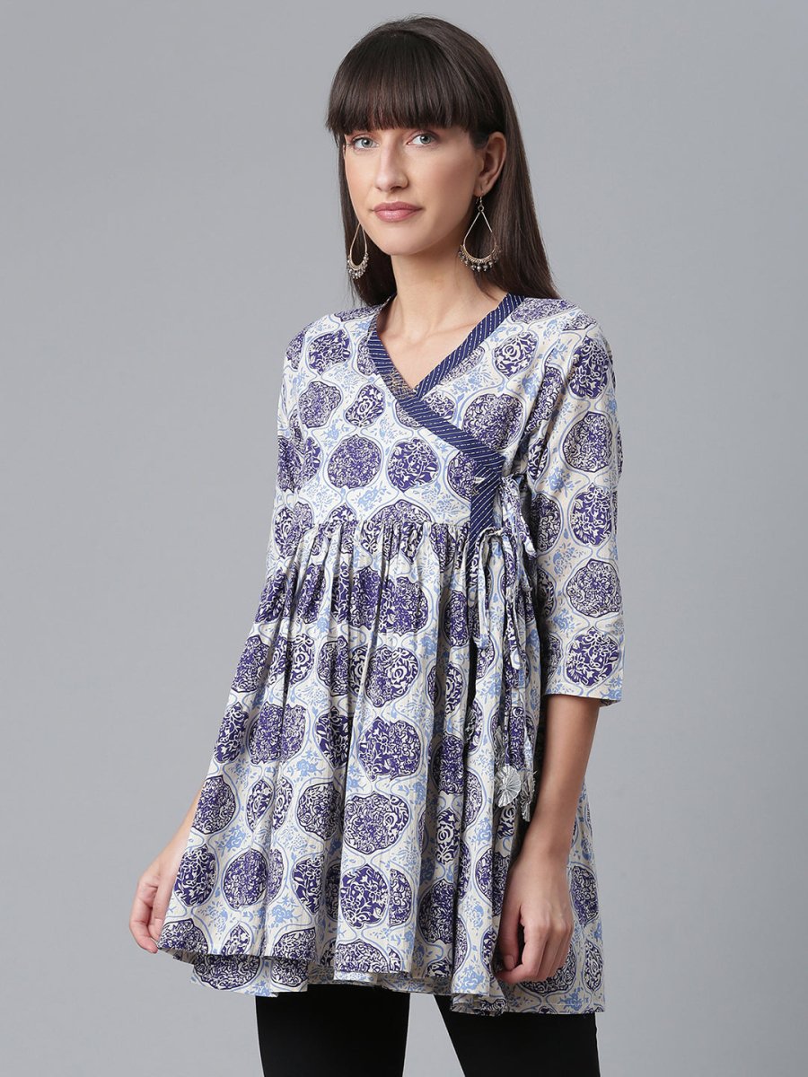 Ahalyaa Women Blue & Off-White Printed Angrakha Beautiful Tunic | Grocsy