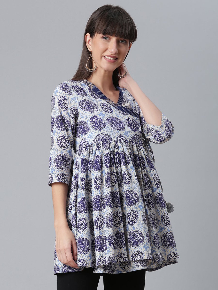 Ahalyaa Women Blue & Off-White Printed Angrakha Beautiful Tunic | Grocsy