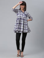 Ahalyaa Women Blue & Off-White Printed Angrakha Beautiful Tunic | Grocsy