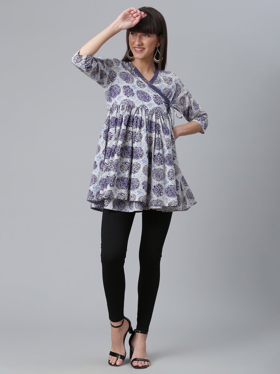 Ahalyaa Women Blue & Off-White Printed Angrakha Beautiful Tunic | Grocsy