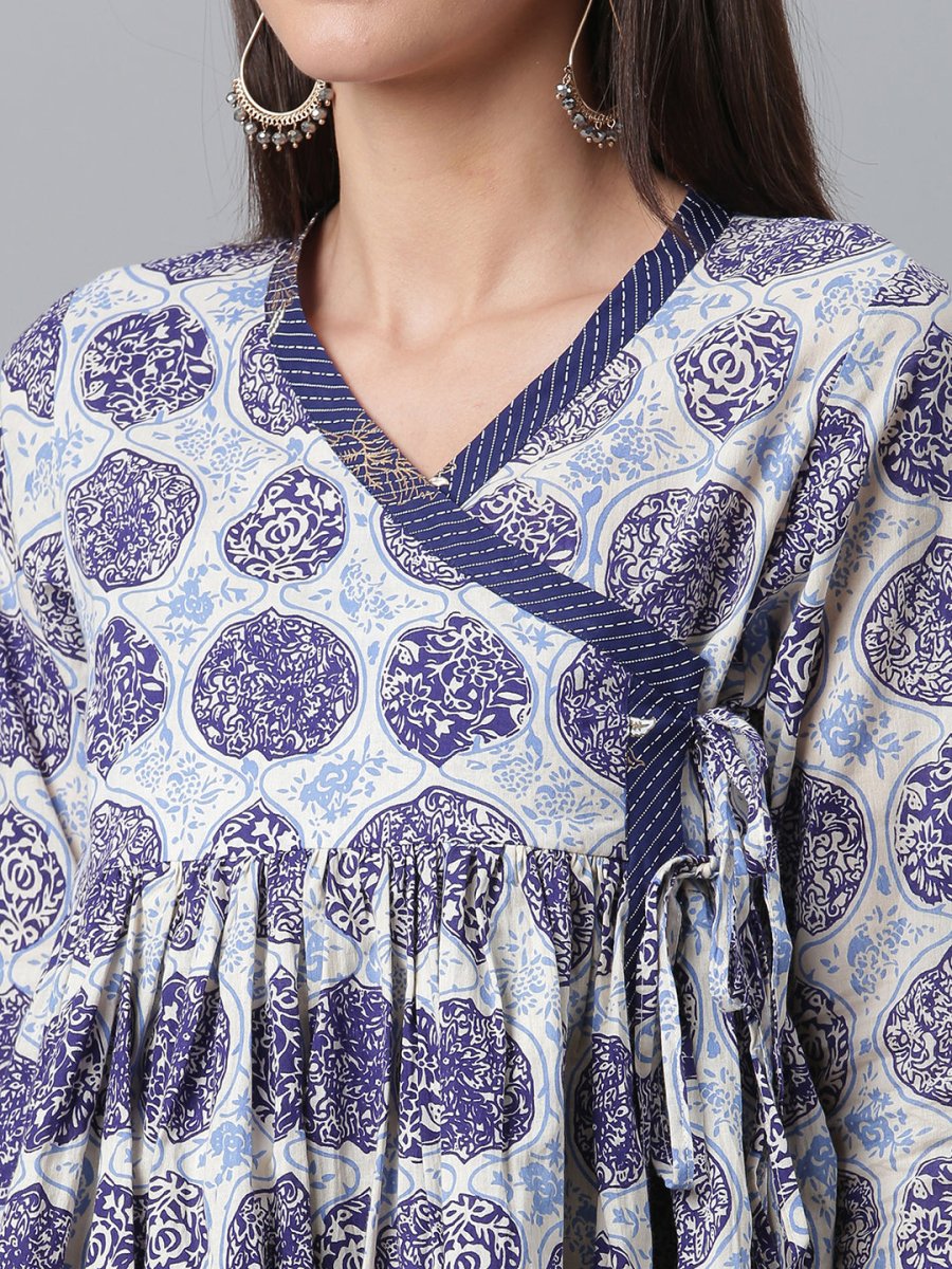Ahalyaa Women Blue & Off-White Printed Angrakha Beautiful Tunic | Grocsy
