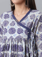 Ahalyaa Women Blue & Off-White Printed Angrakha Beautiful Tunic | Grocsy