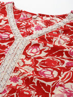 Ahalyaa Floral Printed Bell Sleeves Tunic With Lace Inserts | Grocsy