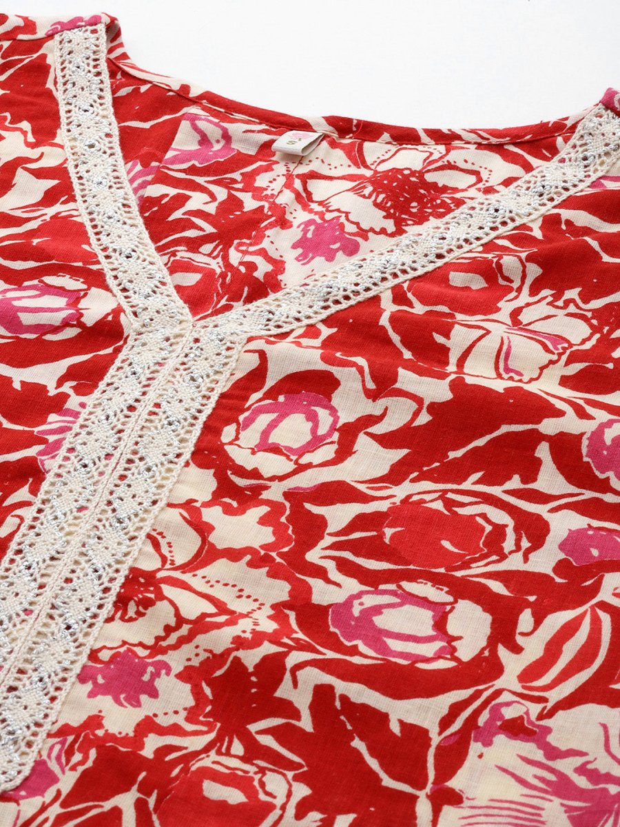 Ahalyaa Floral Printed Bell Sleeves Tunic With Lace Inserts | Grocsy