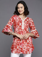 Ahalyaa Floral Printed Bell Sleeves Tunic With Lace Inserts | Grocsy