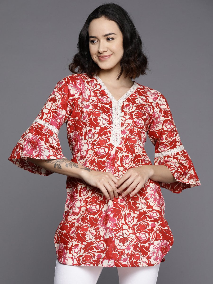 Ahalyaa Floral Printed Bell Sleeves Tunic With Lace Inserts | Grocsy