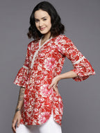Ahalyaa Floral Printed Bell Sleeves Tunic With Lace Inserts | Grocsy
