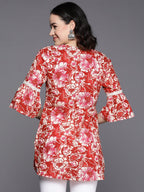 Ahalyaa Floral Printed Bell Sleeves Tunic With Lace Inserts | Grocsy