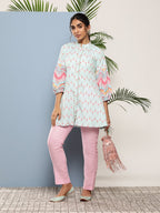 Ahalyaa Sea Green & Pink Mandarin Collar Printed Tunic | Grocsy