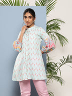 Ahalyaa Sea Green & Pink Mandarin Collar Printed Tunic | Grocsy
