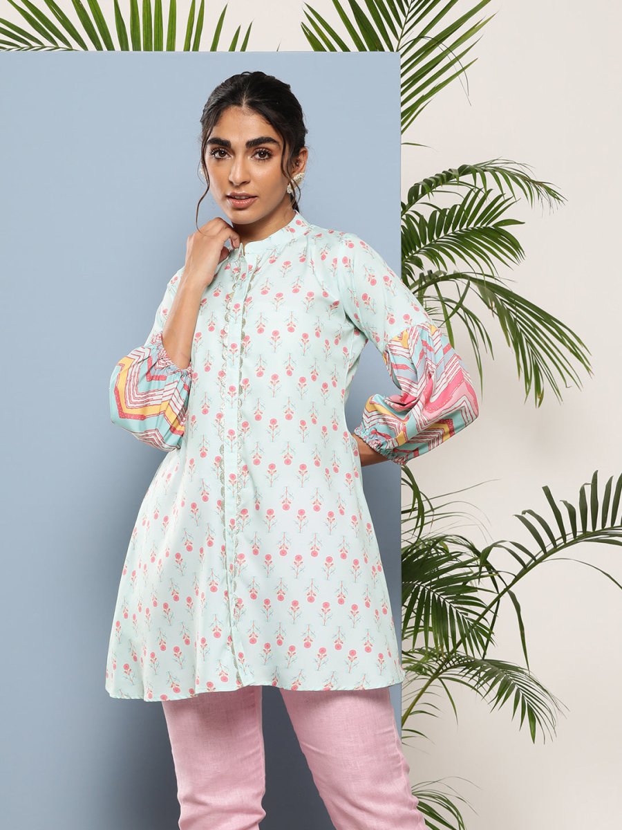 Ahalyaa Sea Green & Pink Mandarin Collar Printed Tunic | Grocsy