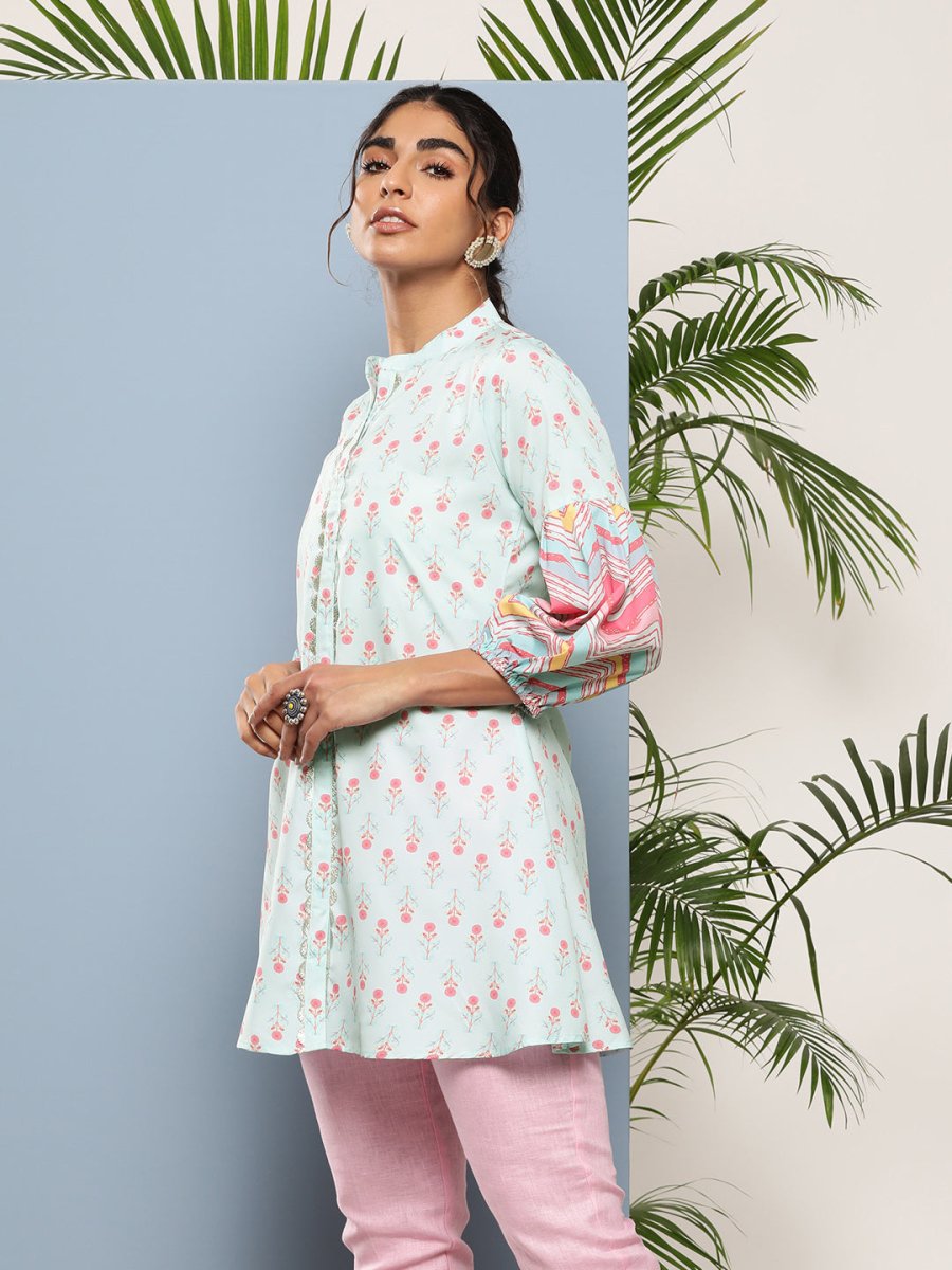 Ahalyaa Sea Green & Pink Mandarin Collar Printed Tunic | Grocsy