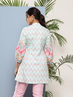 Ahalyaa Sea Green & Pink Mandarin Collar Printed Tunic | Grocsy