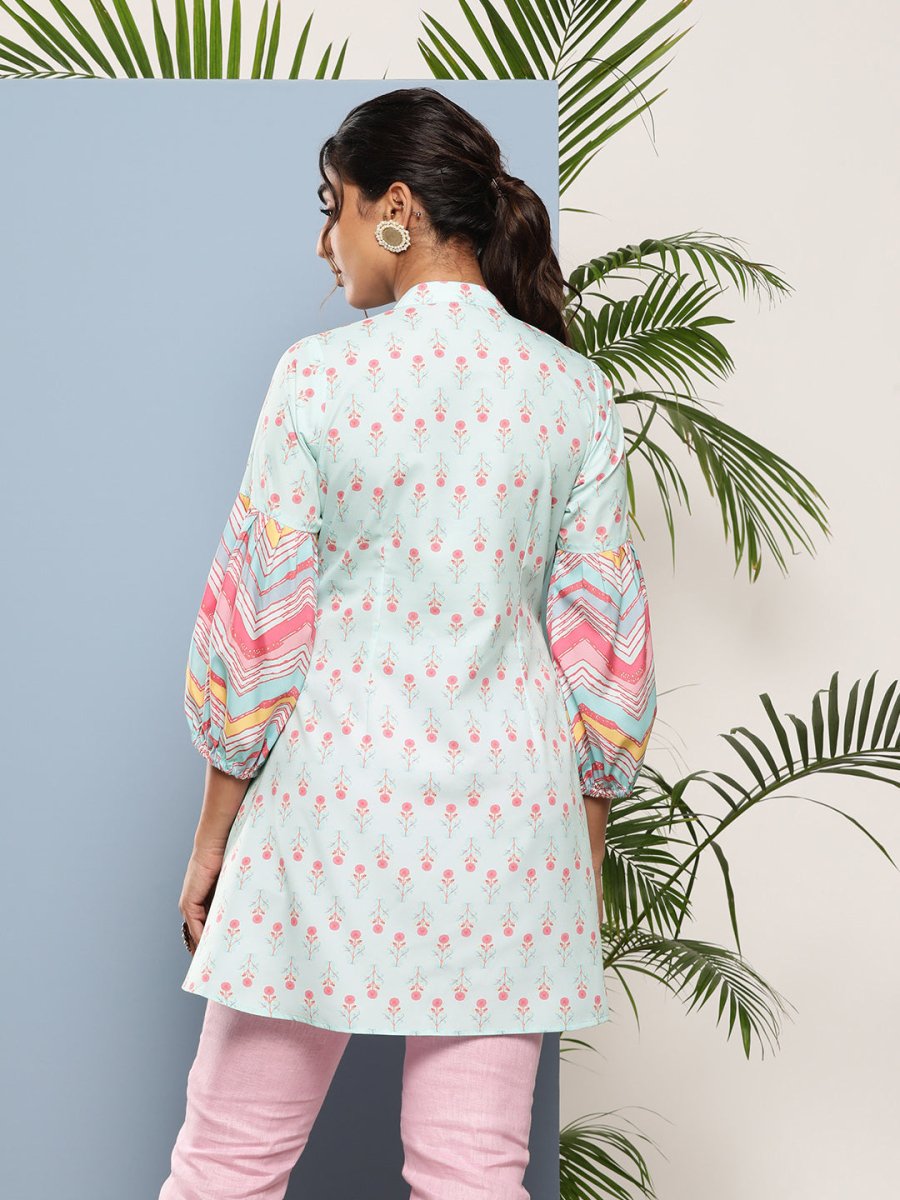 Ahalyaa Sea Green & Pink Mandarin Collar Printed Tunic | Grocsy