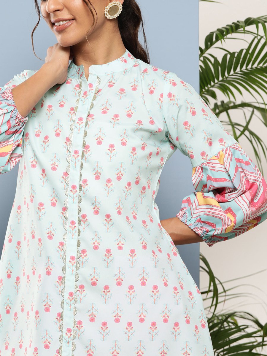 Ahalyaa Sea Green & Pink Mandarin Collar Printed Tunic | Grocsy