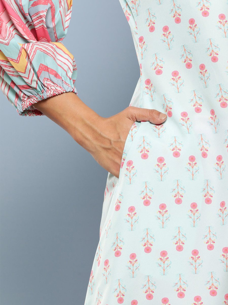 Ahalyaa Sea Green & Pink Mandarin Collar Printed Tunic | Grocsy