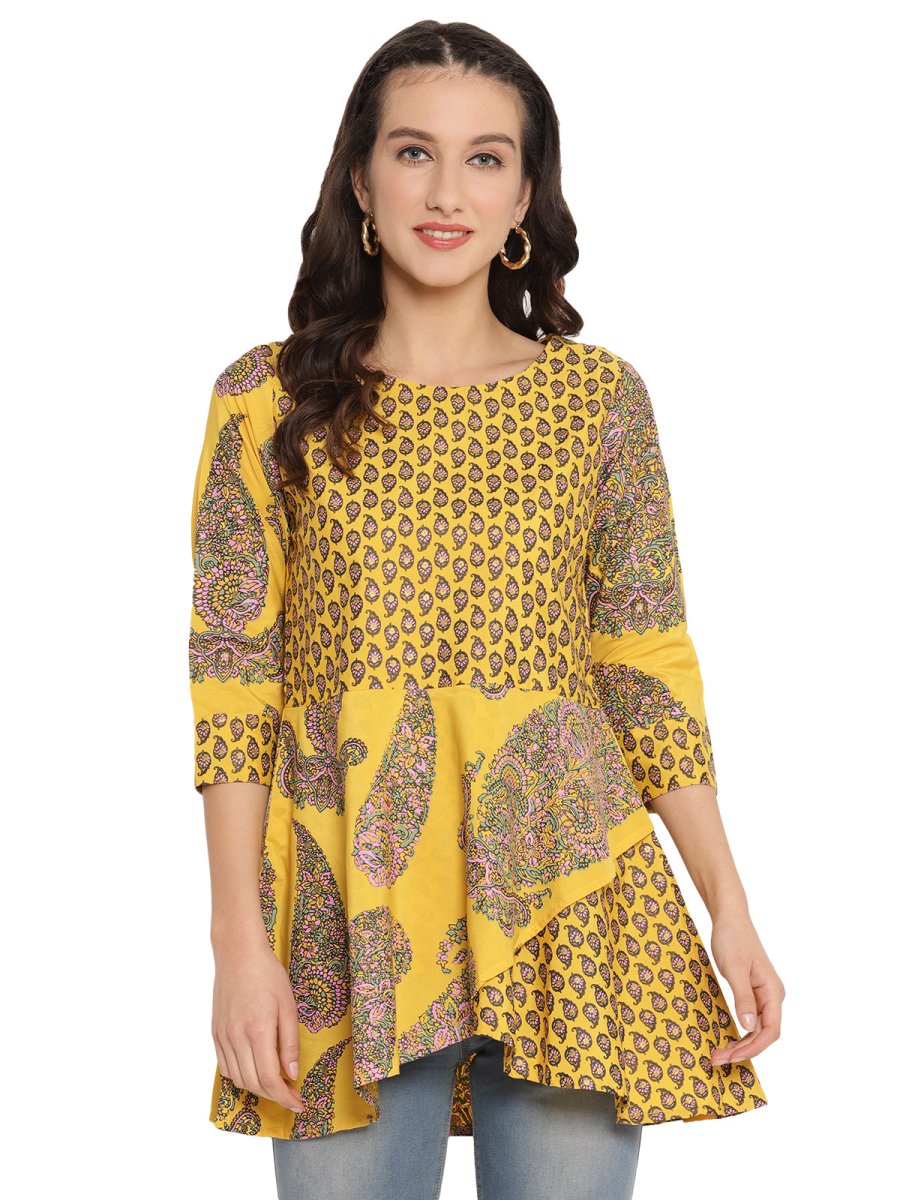 Ahalyaa Mustard Printed Layerd Tunic | Grocsy