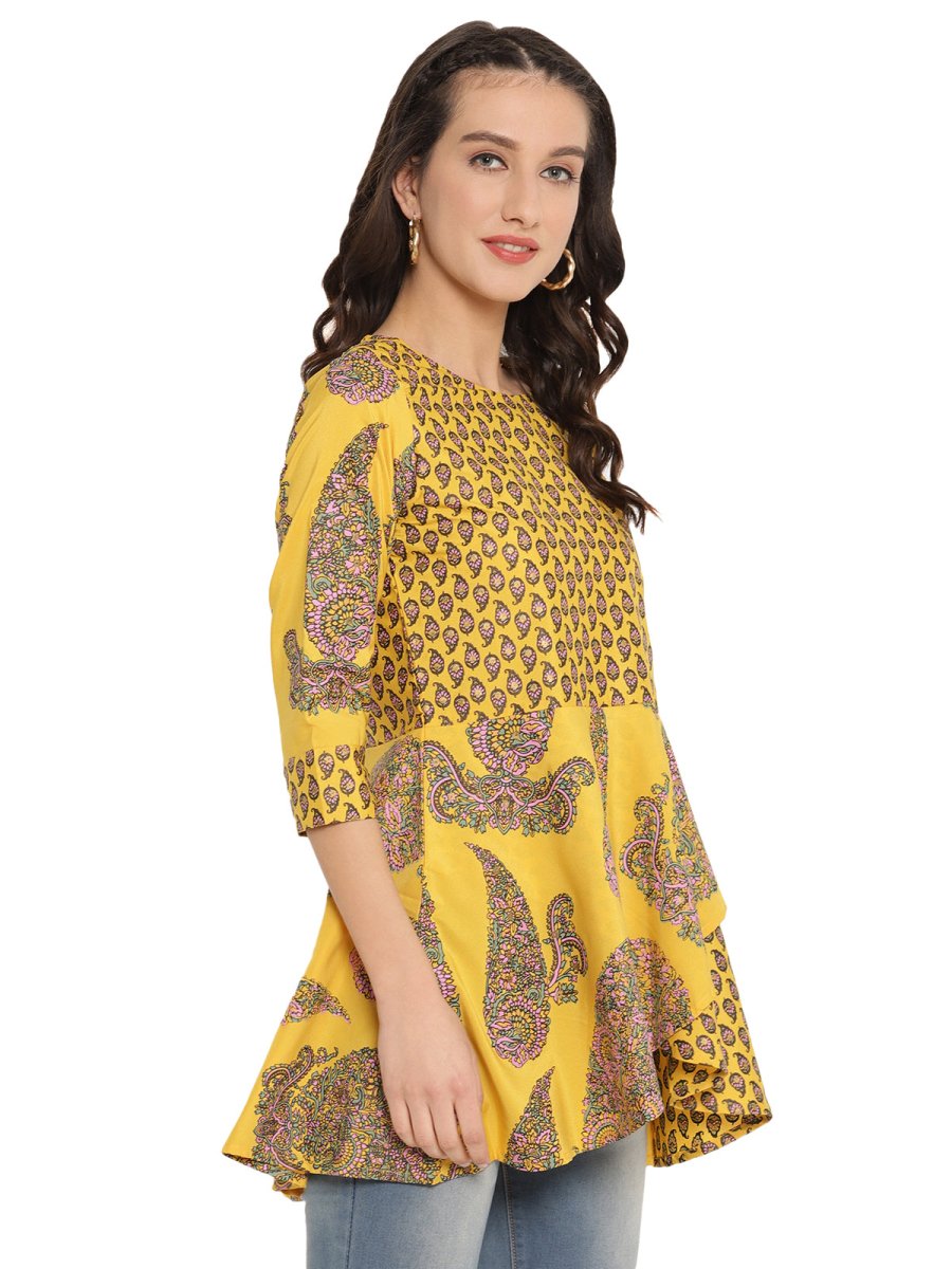 Ahalyaa Mustard Printed Layerd Tunic | Grocsy