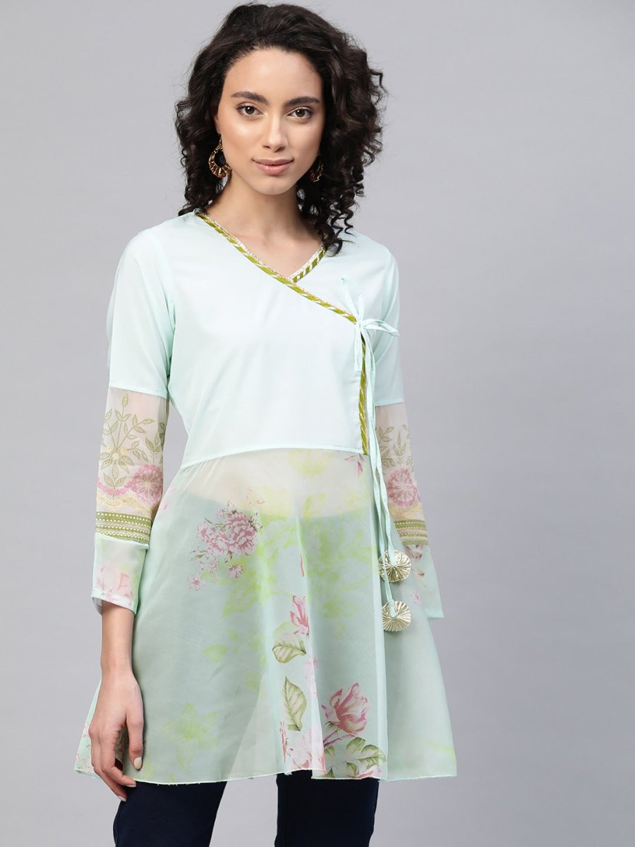 Ahalyaa Women Sea Green & Pink Floral Print Semi-Sheer Angrakha Tunic | Grocsy