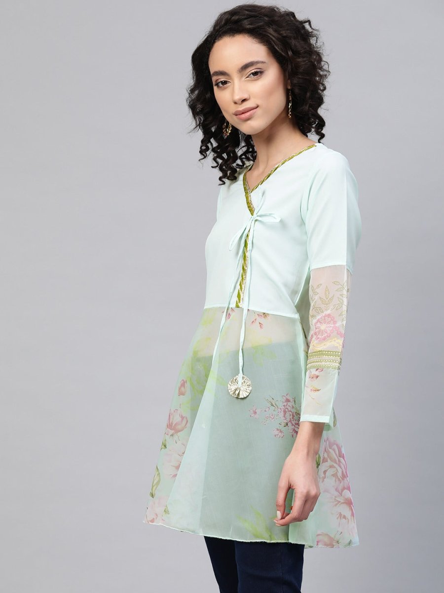 Ahalyaa Women Sea Green & Pink Floral Print Semi-Sheer Angrakha Tunic | Grocsy
