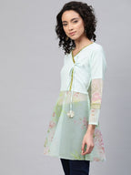 Ahalyaa Women Sea Green & Pink Floral Print Semi-Sheer Angrakha Tunic | Grocsy
