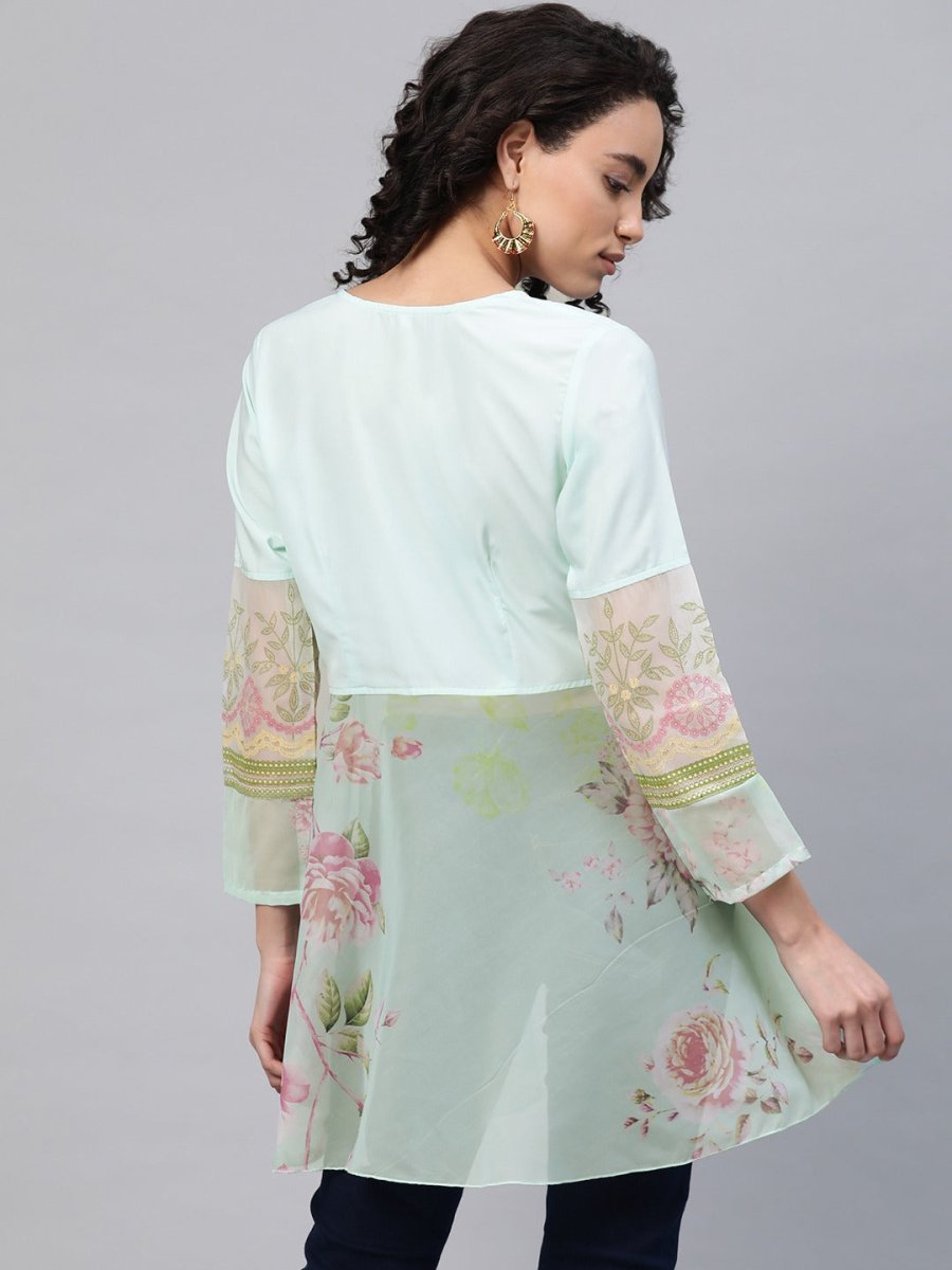 Ahalyaa Women Sea Green & Pink Floral Print Semi-Sheer Angrakha Tunic | Grocsy