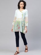 Ahalyaa Women Sea Green & Pink Floral Print Semi-Sheer Angrakha Tunic | Grocsy