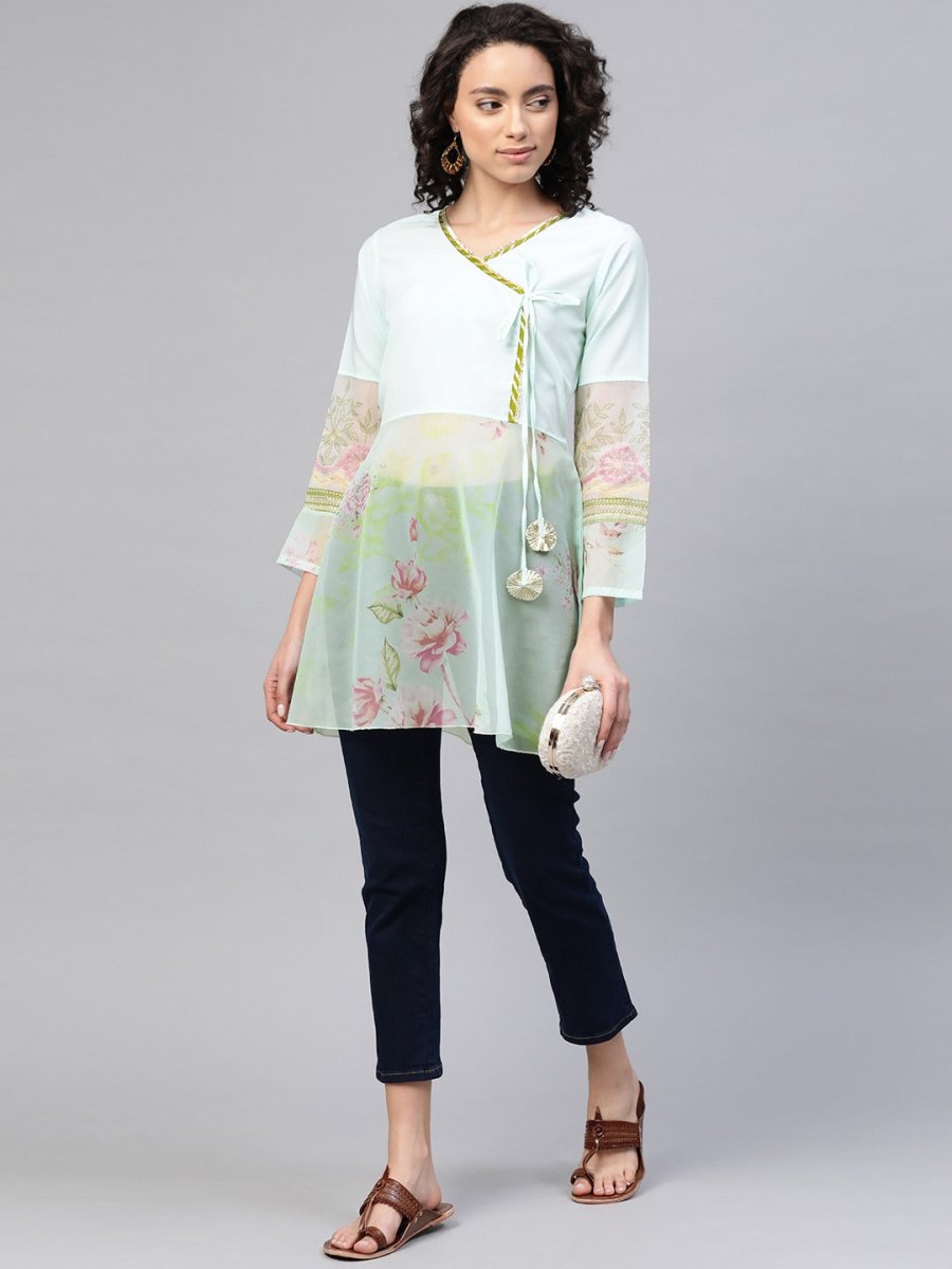 Ahalyaa Women Sea Green & Pink Floral Print Semi-Sheer Angrakha Tunic | Grocsy