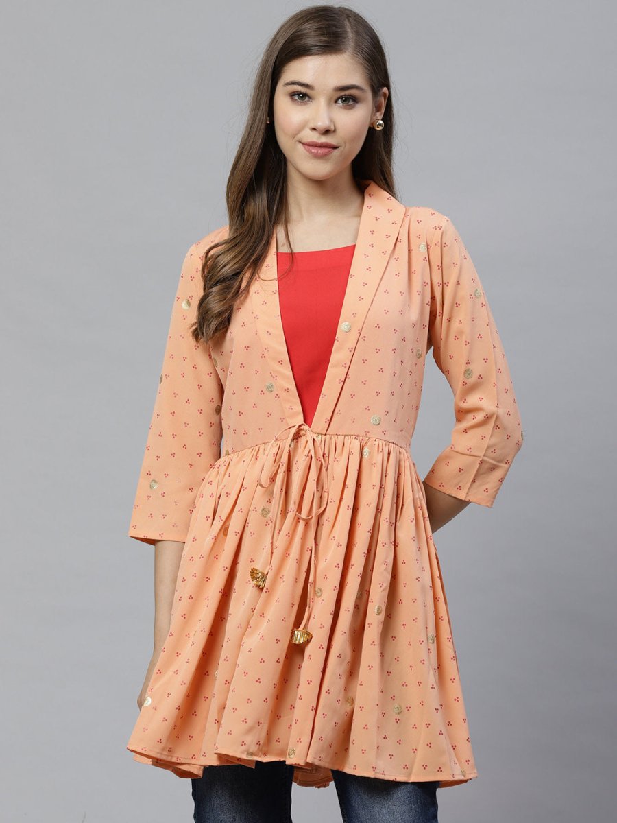 Ahalyaa Women Peach-Coloured & Red Printed Tunic | Grocsy