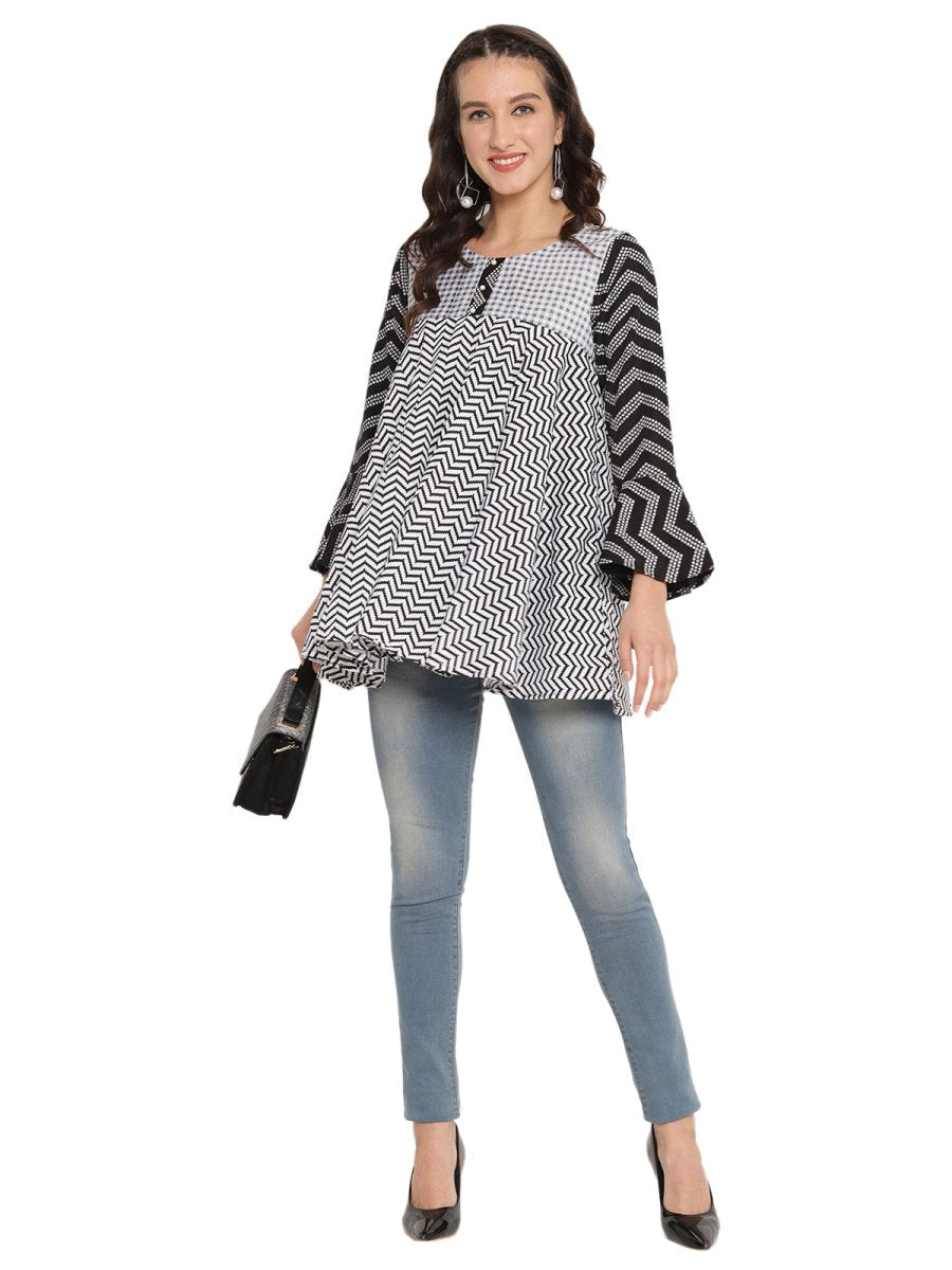 Ahalyaa Printed Flared Black Tunic | Grocsy