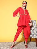 Ahalyaa Women Red Pleated Gotta Patti Kurti with Dhoti Pants | Grocsy