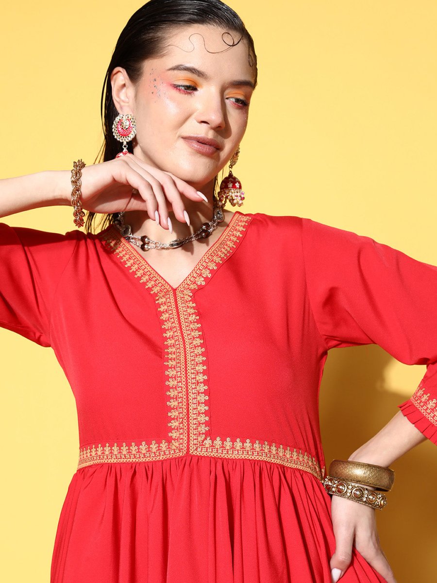 Ahalyaa Women Red Pleated Gotta Patti Kurti with Dhoti Pants | Grocsy