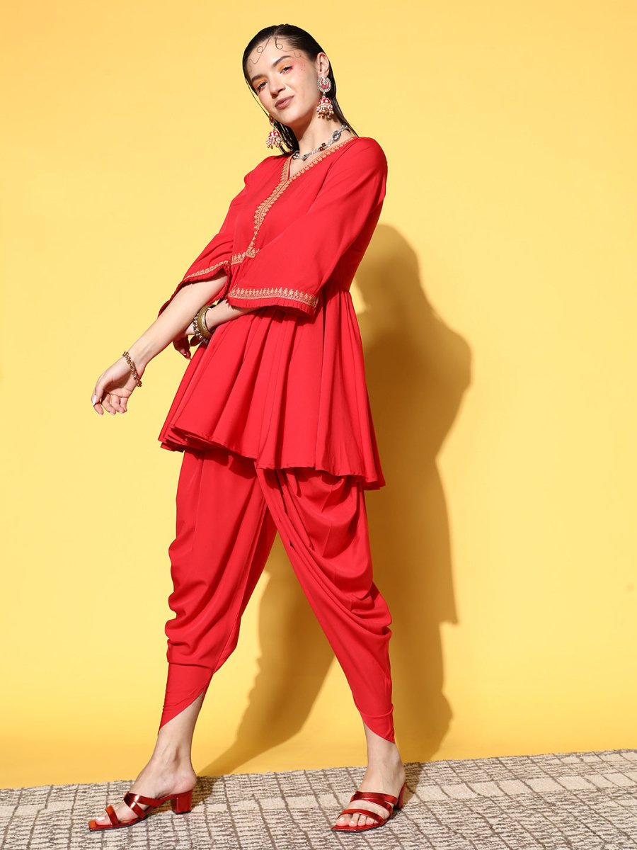 Ahalyaa Women Red Pleated Gotta Patti Kurti with Dhoti Pants | Grocsy