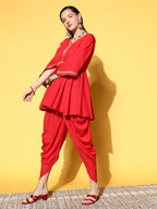 Ahalyaa Women Red Pleated Gotta Patti Kurti with Dhoti Pants | Grocsy