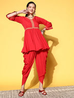 Ahalyaa Women Red Pleated Gotta Patti Kurti with Dhoti Pants | Grocsy