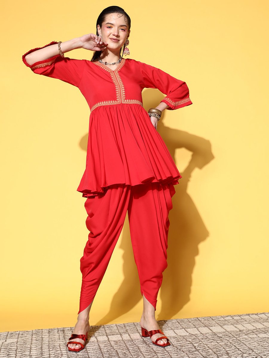 Ahalyaa Women Red Pleated Gotta Patti Kurti with Dhoti Pants | Grocsy