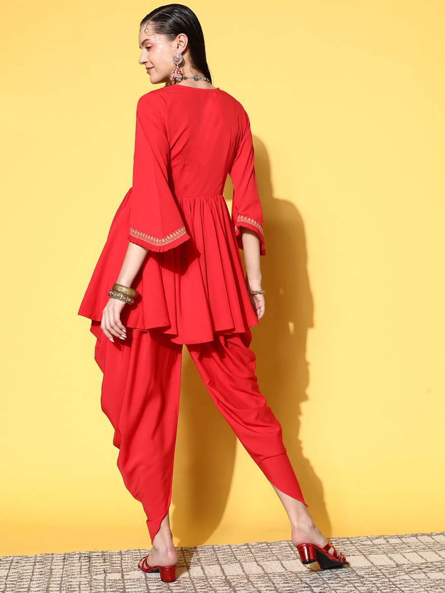 Ahalyaa Women Red Pleated Gotta Patti Kurti with Dhoti Pants | Grocsy