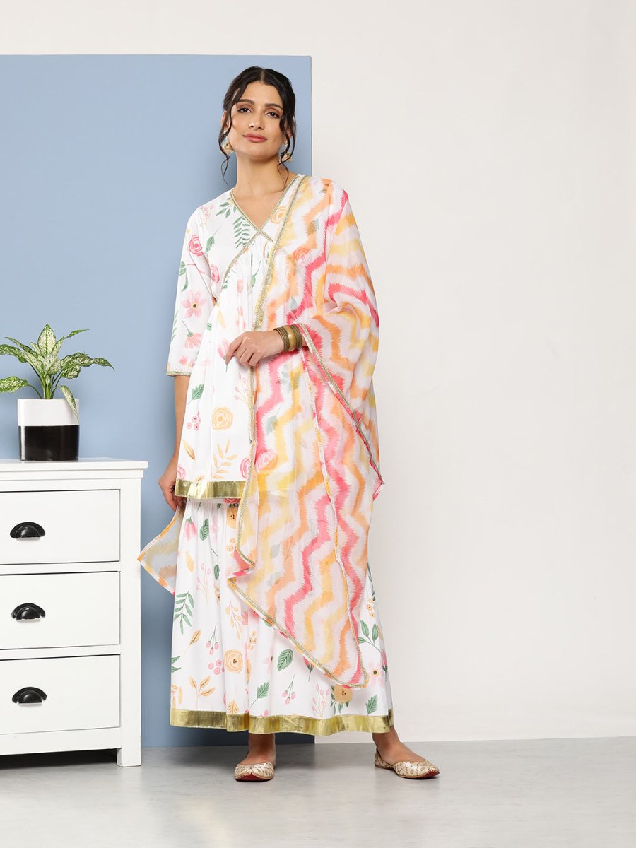 Ahalyaa Women White Floral Printed Pleated Kurta with Sharara & With Dupatta | Grocsy