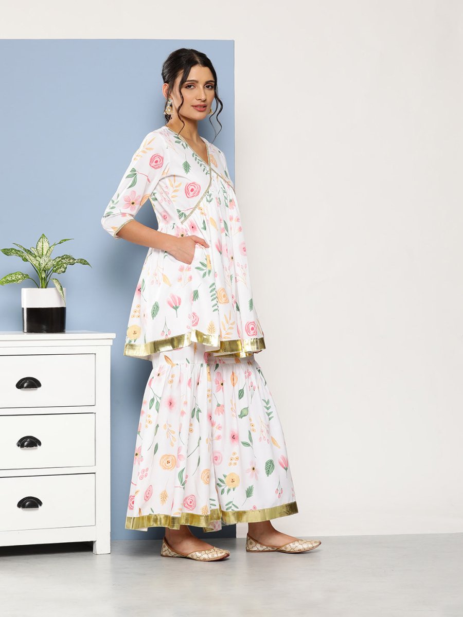 Ahalyaa Women White Floral Printed Pleated Kurta with Sharara & With Dupatta | Grocsy
