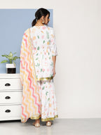 Ahalyaa Women White Floral Printed Pleated Kurta with Sharara & With Dupatta | Grocsy