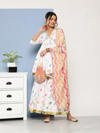 Ahalyaa Women White Floral Printed Pleated Kurta with Sharara & With Dupatta | Grocsy