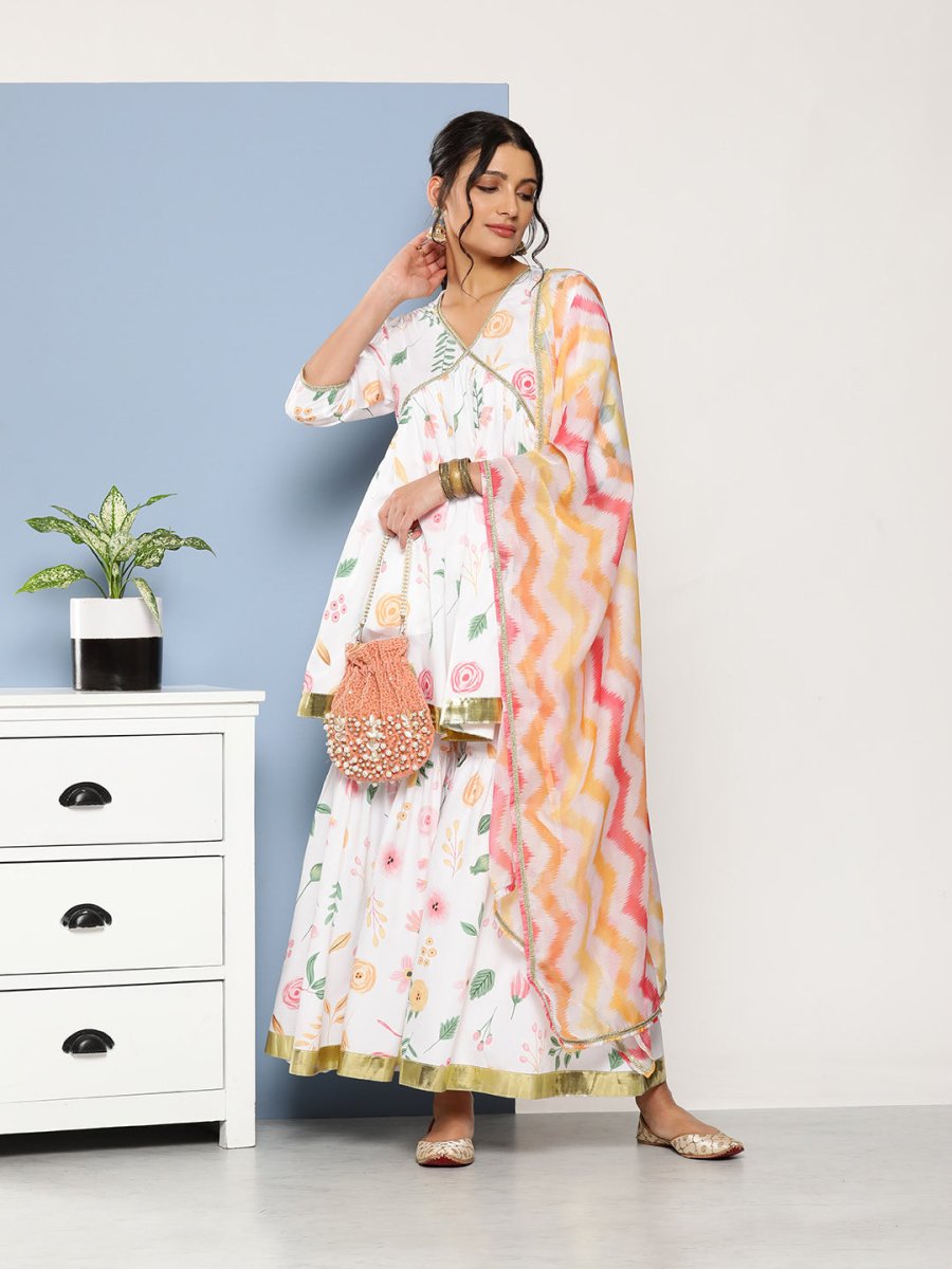 Ahalyaa Women White Floral Printed Pleated Kurta with Sharara & With Dupatta | Grocsy