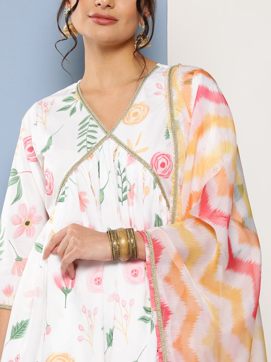 Ahalyaa Women White Floral Printed Pleated Kurta with Sharara & With Dupatta | Grocsy