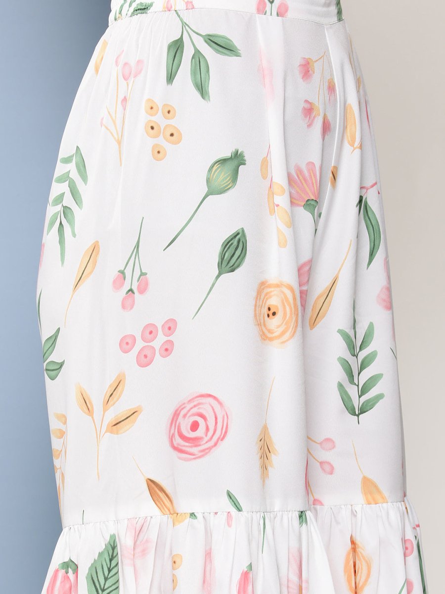 Ahalyaa Women White Floral Printed Pleated Kurta with Sharara & With Dupatta | Grocsy