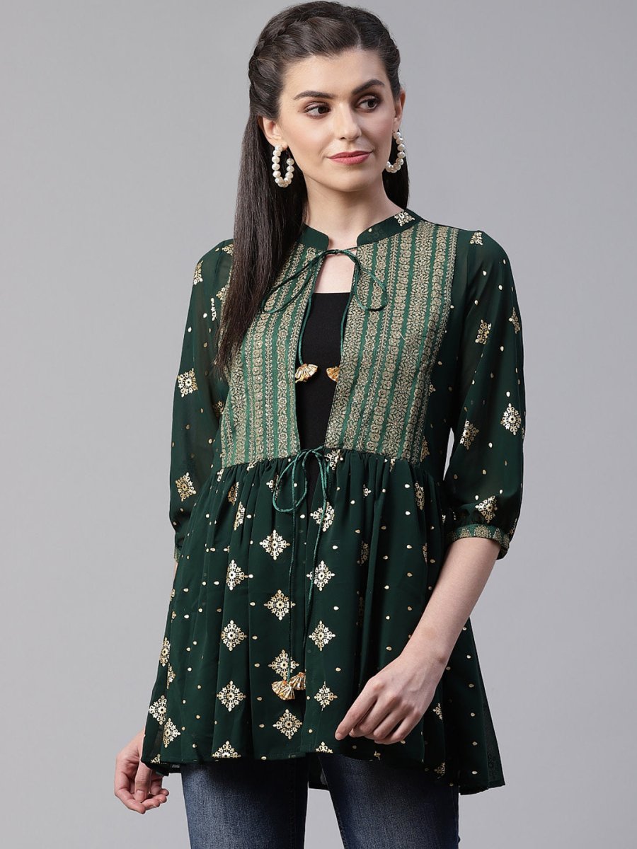Ahalyaa Green & Golden Printed Semi-Sheer Front-Open Kediya Tunic | Grocsy