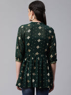 Ahalyaa Green & Golden Printed Semi-Sheer Front-Open Kediya Tunic | Grocsy