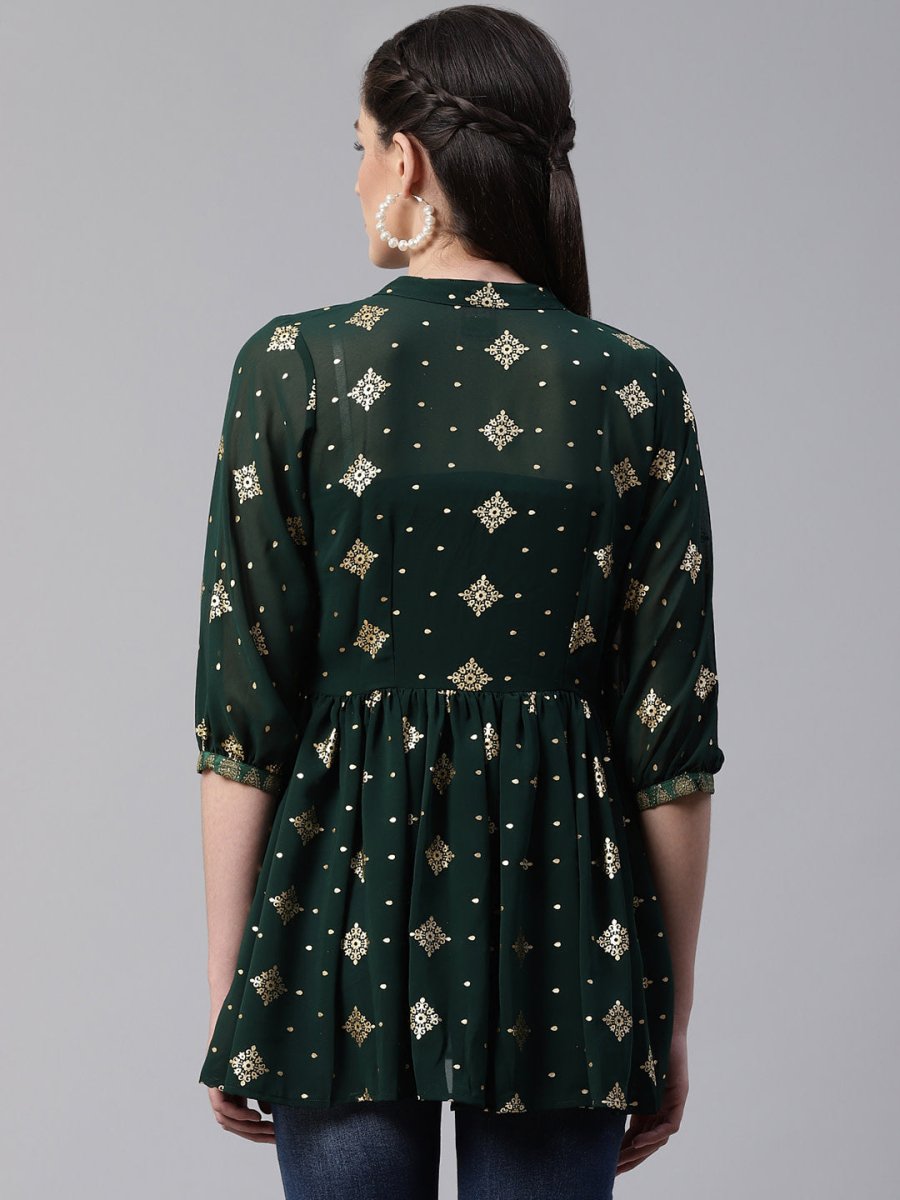 Ahalyaa Green & Golden Printed Semi-Sheer Front-Open Kediya Tunic | Grocsy