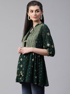 Ahalyaa Green & Golden Printed Semi-Sheer Front-Open Kediya Tunic | Grocsy