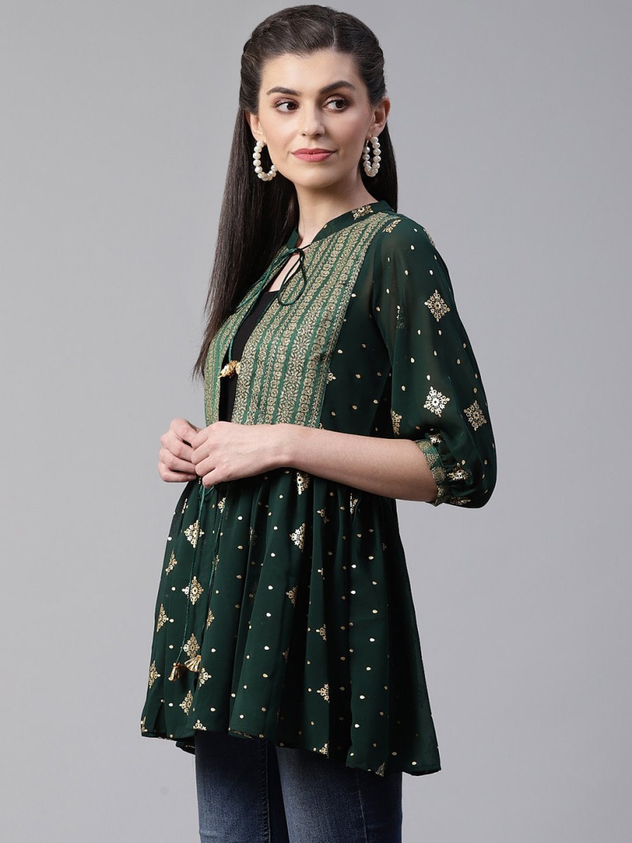 Ahalyaa Green & Golden Printed Semi-Sheer Front-Open Kediya Tunic | Grocsy