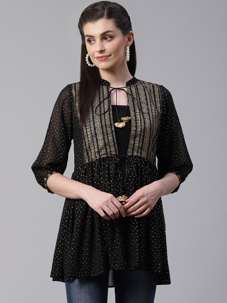 Ahalyaa Black & Golden Printed Semi-Sheer Front-Open Kediya Tunic | Grocsy
